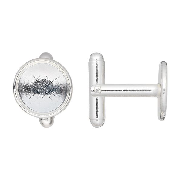 Cuff link, silver-finished brass, 12mm round bezel setting. Sold per pkg of 2 pairs. image number 0