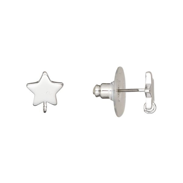 Earstud 1pkg4 silver-plated, 9mm star / closed loop / comfort clutch earnuts, stainless steel / steel 2 pair image number 0