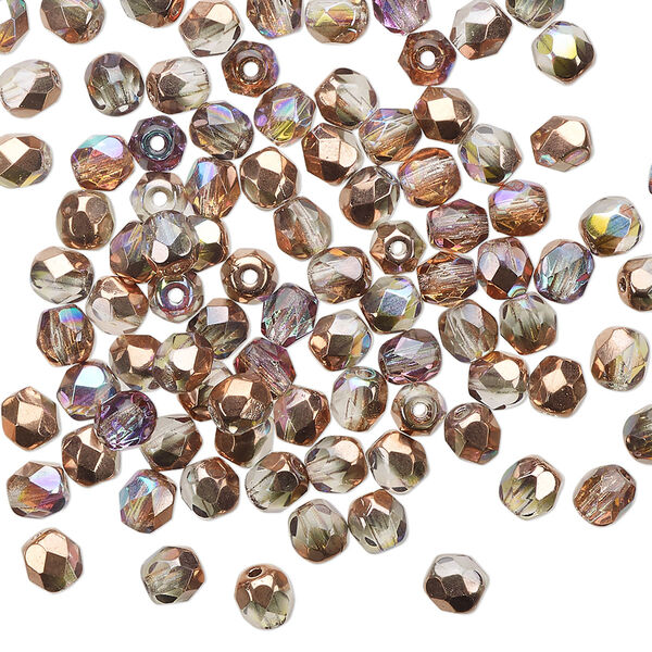 Bead 1pkg1 Czech fire-polished glass, 4mm faceted round, 1 mass opaque half-coated clear AB / metallic Capri gold image number 0