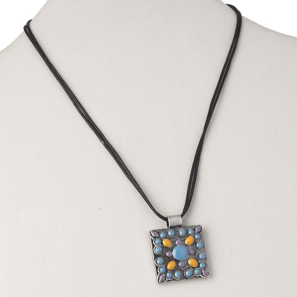 Necklace, 2-strand, waxed cotton cord / enamel / antiqued silver-plated brass, light blue / lavender / orange, 28x28mm single-sided square, 16 inches with 3-inch extender chain and lobster claw clasp. Sold individually. image number 0
