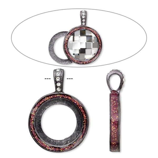 Pendant, Almost Instant Jewelry®, epoxy / crystals / gunmetal-finished "pewter" (zinc-based alloy), rose pink and crystal clear with glitter, 33x24mm single-sided with 20mm round setting. Sold individually. image number 0