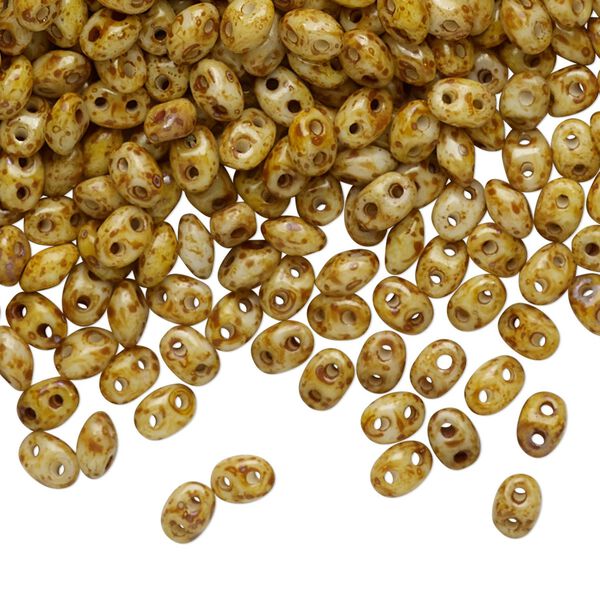 Bead, Preciosa Twin™, Pressed Twin, Czech pressed glass, opaque cream travertine, 5x2.5mm oval with (2) 0.7-0.8mm holes. Sold per 250-gram pkg. image number 0