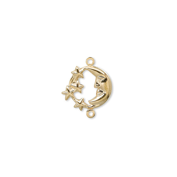Link, gold-plated brass, 11mm moon with stars design. Sold per pkg of 10. image number 0