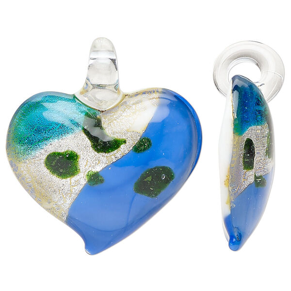 Focal, lampworked glass, multicolored, 37x33mm-40x37mm domed heart with silver-colored foil. Sold individually. image number 0