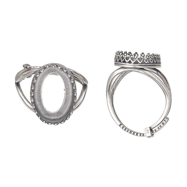 Ring, JBB Findings, antique silver-plated brass, 19.5mm wide with decorative trim and 18x13mm oval bezel setting, adjustable from size 8-11. Sold individually. image number 0