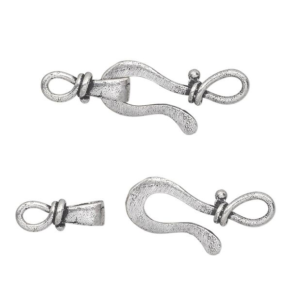 Clasp, hook-and-eye, antique silver-plated white brass, 16x8mm flat wire. Sold per pkg of 4. image number 0