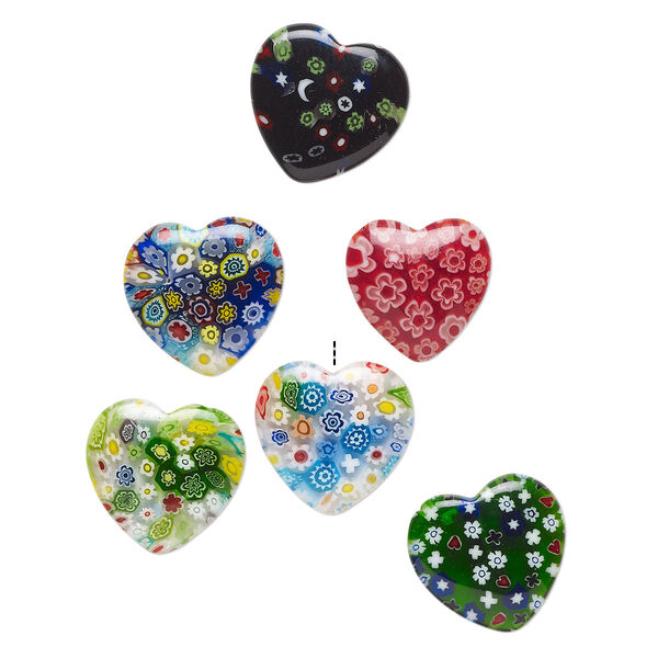 Bead, millefiori glass, translucent multicolored, 16-21mm half-drilled puffed heart with flower, star and tree design. Sold per pkg of 6. image number 0