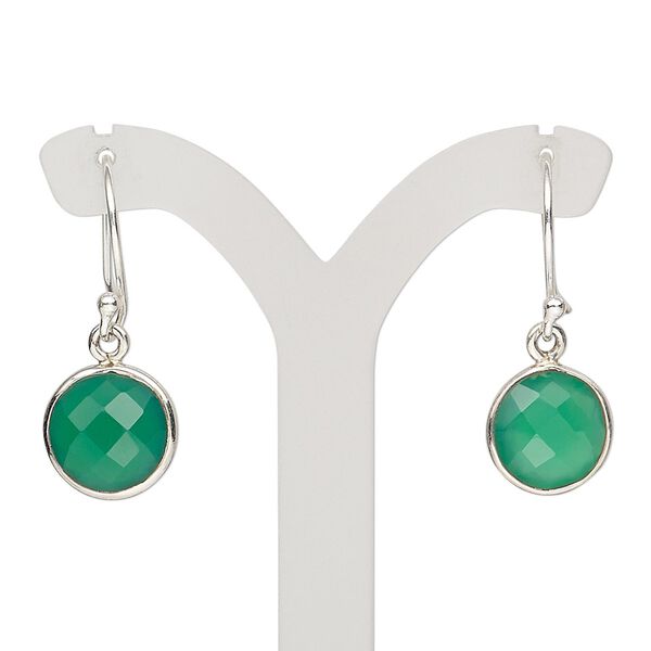 Earring, Create Compliments®, green onyx (dyed) and sterling silver, 28-30mm with round and fishhook ear wire, 21 gauge. Sold per pair. image number 0