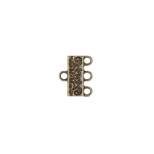 End bar, antique brass-finished "pewter" (zinc-based alloy), 12x5mm double-sided swirl design with 3 loops. Sold per pkg of 12. image number 0