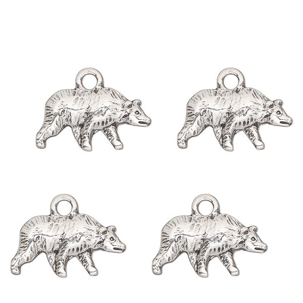 Charm, antique silver-finished "pewter" (zinc-based alloy) , 17x9mm single-sided bear. Sold per pkg of 4. image number 0