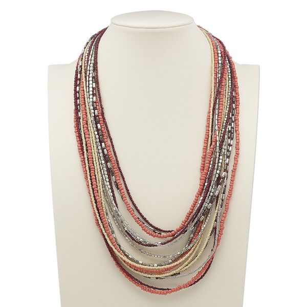 Necklace, 16-strand, glass with silver- and gunmetal-plated steel, red / salmon pink / cream, 24 inches with 2-inch extender chain and lobster claw clasp. Sold individually. image number 0