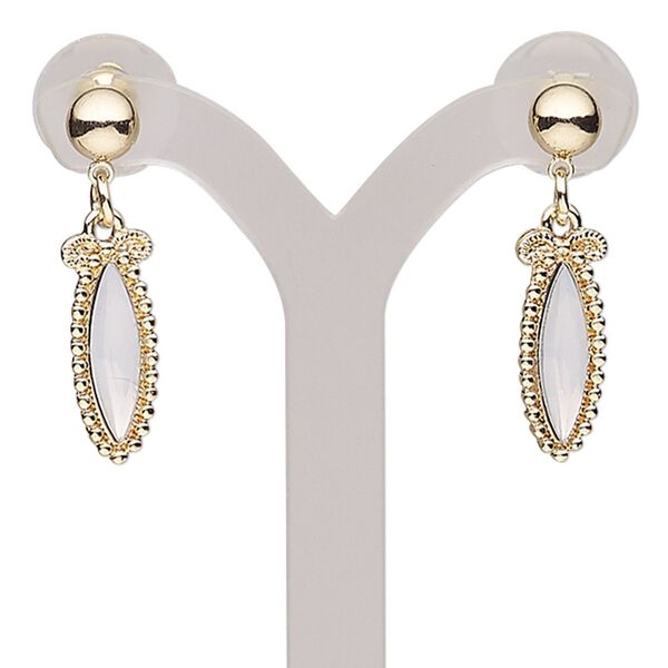 Earring, acrylic with gold-finished steel and "pewter" (zinc-based alloy), white, 1-1/2 inches with marquise and post. Sold per pair. image number 0