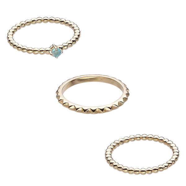 Ring, apatite (natural) and gold-finished sterling silver, 2mm wide spiked band / 2mm / 4mm wide beaded band, size 8. Sold per 3-piece set. image number 0