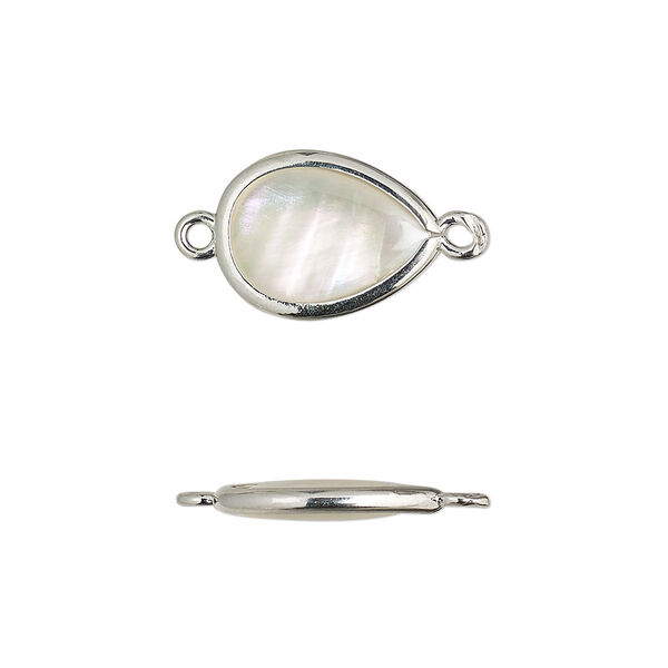 Link, mother-of-pearl shell and imitation rhodium-finished brass (assembled), 14.5x10.5mm-15.5x11.5mm double-sided teardrop. Sold per pkg of 4. image number 0