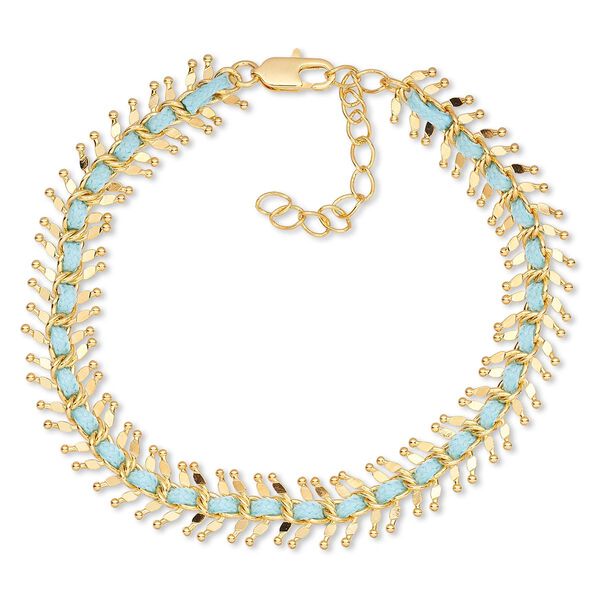 Bracelet, waxed cotton cord with gold-finished brass and steel, blue, 10mm wide wing, 7 inches with 1-3/4 inch extender chain and lobster claw clasp. Sold individually. image number 0