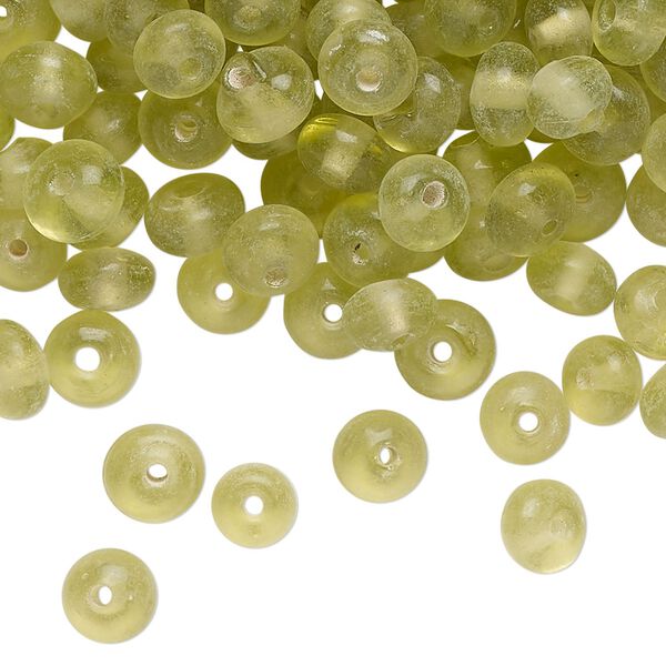 Bead, lampworked glass, translucent yellow-green, 6x4mm-7x5mm rondelle. Sold per 2-ounce pkg, approximately 265 beads. image number 0