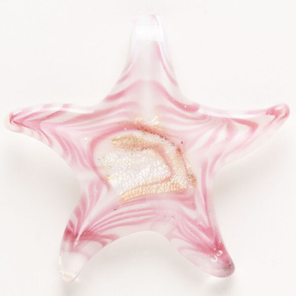 Focal, lampworked glass, pkg/1, translucent pink and white with silver-colored foil and copper-colored glitter, 50x49mm-54x53mm starfish. image number 0
