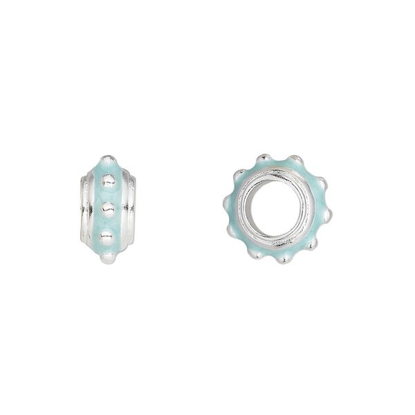 Bead, Dione®, silver-plated "pewter" (zinc-based alloy) and enamel, light blue, 12x6mm beaded rondelle with 5mm hole. Sold individually. image number 0