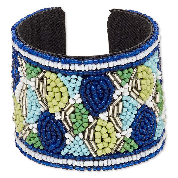 Bracelet, cuff, cotton / glass / steel, multicolored, 52mm wide with mosaic design, 7-1/2 inches. Sold individually. image number 0