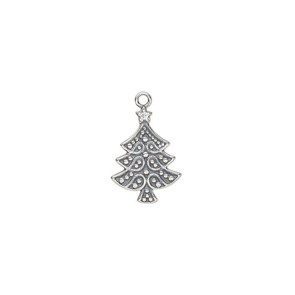 Charm, antiqued sterling silver, 14.5x10mm double-sided Christmas tree. Sold individually. image number 0