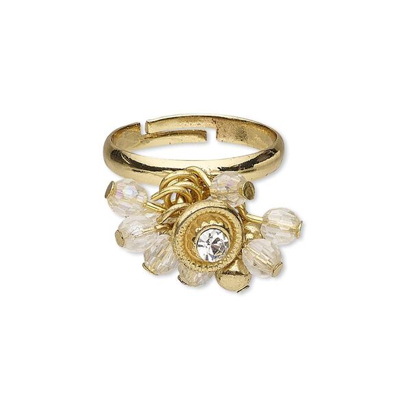 Ring, glass / glass rhinestone / gold-finished brass / steel, clear AB and clear, 3mm wide with 4mm faceted round and 8mm round, adjustable size 7-9. Sold individually. image number 0