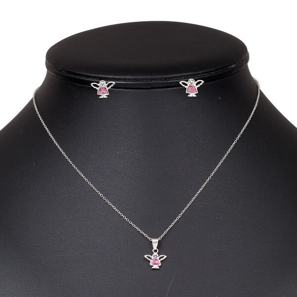 Necklace and earring set, sterling silver / glass rhinestone / enamel, pink and clear, 10.5x8mm angel, 15" to 16" necklace with springring clasp, earring with post. Sold per set. image number 0