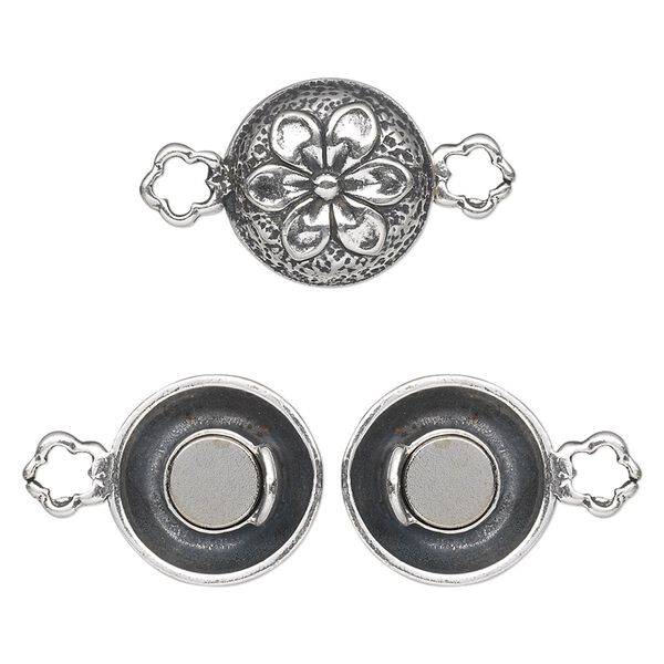 Clasp, magnetic, antiqued sterling silver, 14mm double-sided puffed flat round with raised flower pattern. Sold individually. image number 0