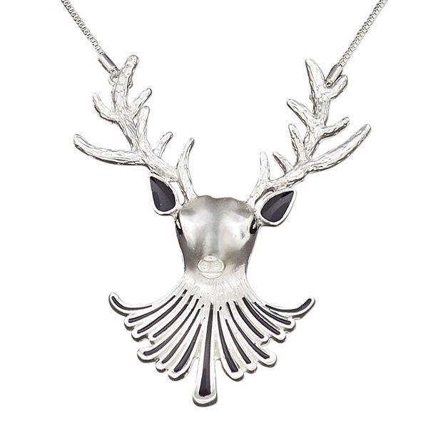 Necklace, enamel / silver-coated plastic / silver-plated steel / "pewter" (zinc-based alloy), black, 3x2-1/2 inch reindeer, 16 inches with 2-inch extender chain and lobster claw clasp. Sold individually. image number 0
