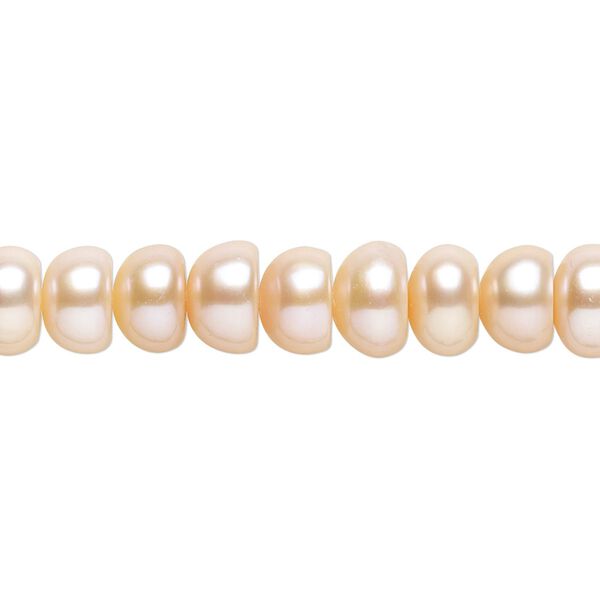 Pearl, cultured freshwater, peach, 7x4mm-9x6mm button with 0.4mm hole, C grade, Mohs hardness 2-1/2 to 4. Sold per 14-inch strand. image number 0