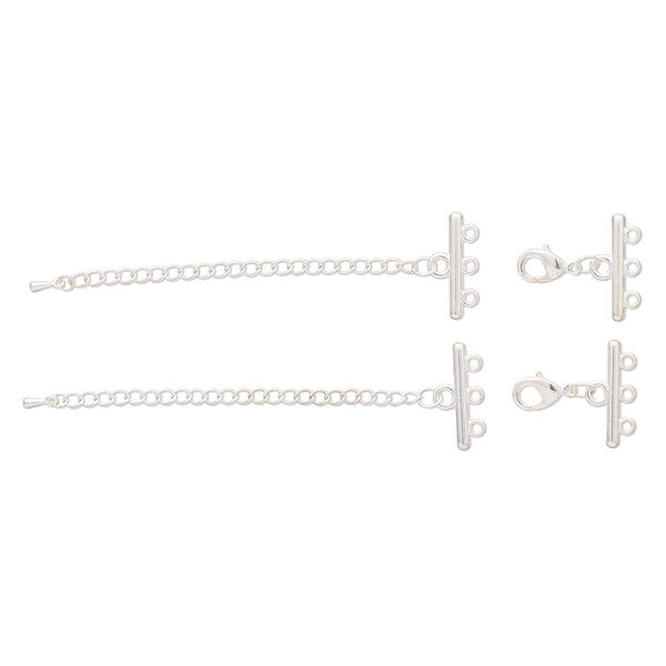 End bar, silver-finished steel and "pewter" (zinc-based alloy), 25x3mm with 3 loop and 3-inch extender chain with lobster claw clasp. Sold per pkg of 2. image number 0