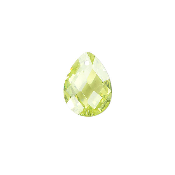 Drop, cubic zirconia, peridot green, 16x12mm hand-faceted teardrop, Mohs hardness 8-1/2. Sold per pkg of 2. image number 0