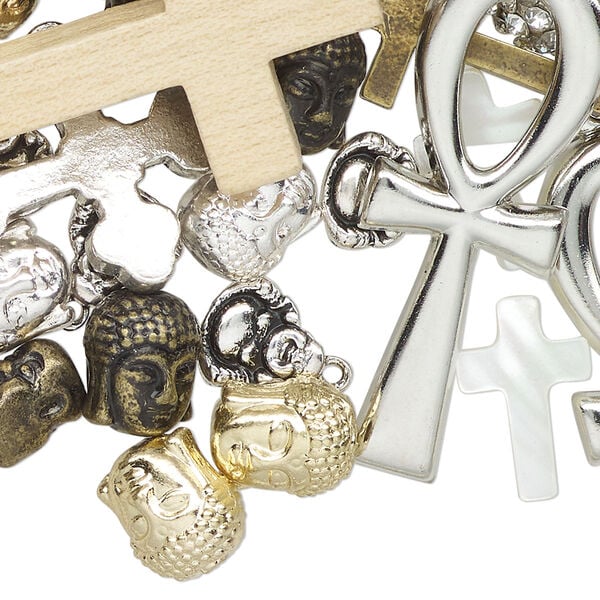 Drop mix, "pewter" (zinc-based alloy) and wood / bone / shell (natural/bleached), 8x7mm-67x57mm random mixed religious shapes. Sold per 4-ounce pkg, approximately 55 components. image number 0