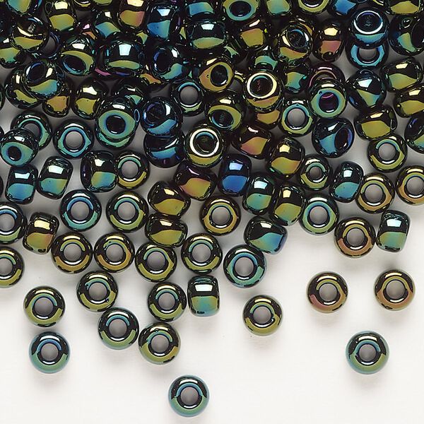 Seed bead, Miyuki, glass, pkg/250g, #6 rocaille, opaque metallic iris forest green (RR-453). image number 0