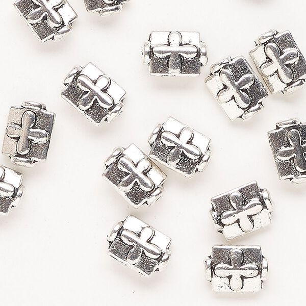 Bead, antique silver-finished "pewter" (zinc-based alloy), 10x7mm beveled rectangle with cross design. Sold per pkg of 20. image number 0