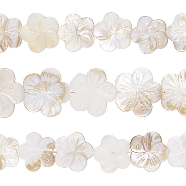Bead, mother-of-pearl shell (natural / bleached), 19x17mm-23x22mm carved flower with 0.6-0.8mm hole, Mohs hardness 3-1/2. Sold per pkg of (3) 15-inch strands. image number 0
