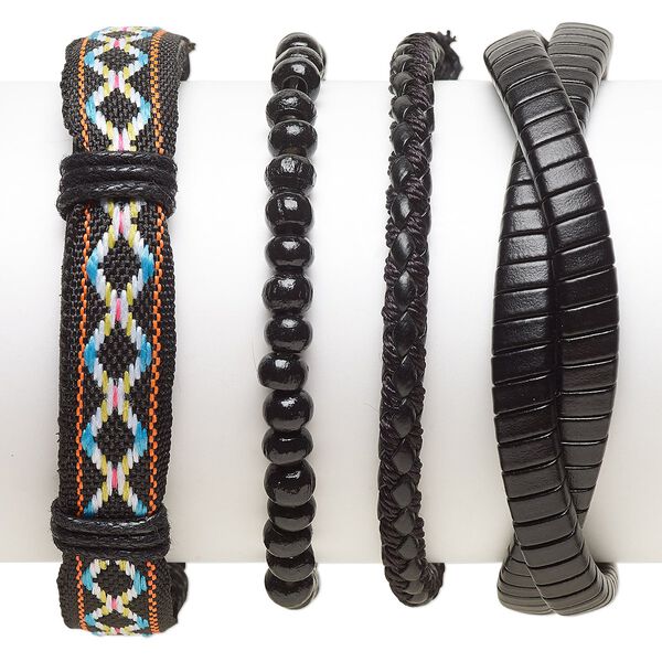 Bracelet mix, Everyday Jewelry, leather (dyed) / faux leather (dyed) / glass / waxed cotton cord, multicolored, 5-14mm wide, 7-8 inches. Sold per pkg of 4. image number 0