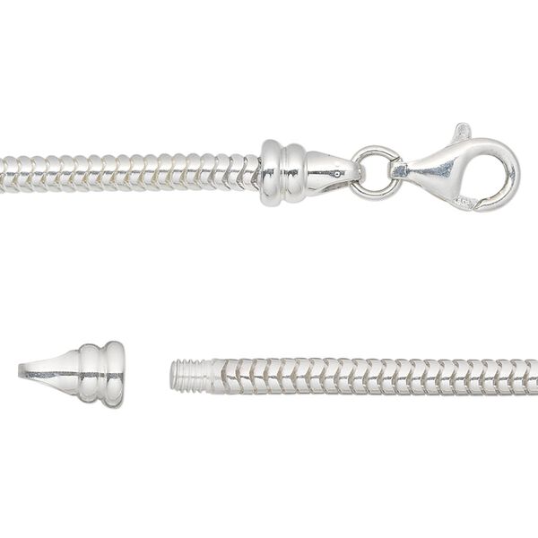 Chain, sterling silver, 3mm snake, 7 inches with lobster claw clasp (2) 5mm twist-off end caps. Sold individually. image number 0