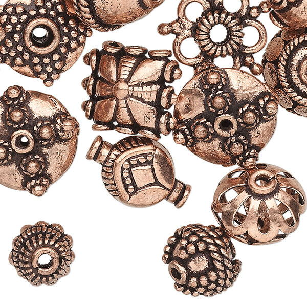 Bead and bead cap, antiqued copper, 12x6mm-17x17mm assorted sizes in 50 styles, 2 of each style. Sold per pkg of 100. image number 0