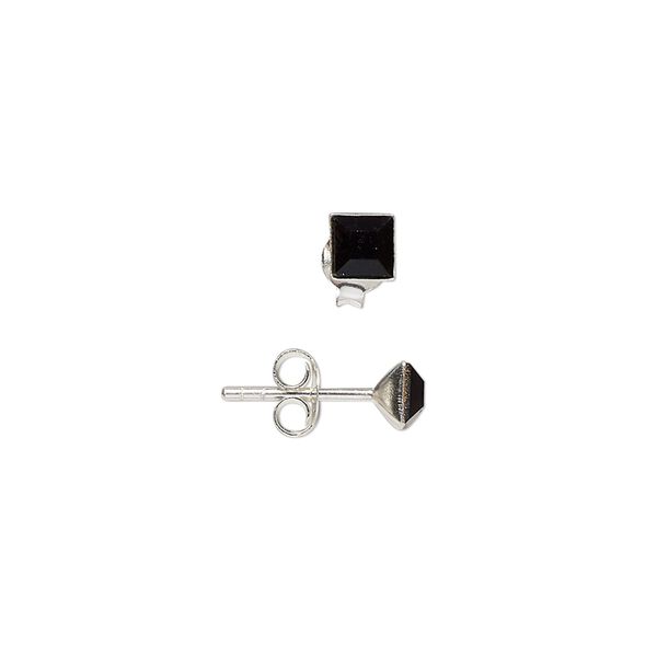 Earring 1pkg2 sterling silver, 4mm square earstud / earnuts, glass jet 1 pair image number 0