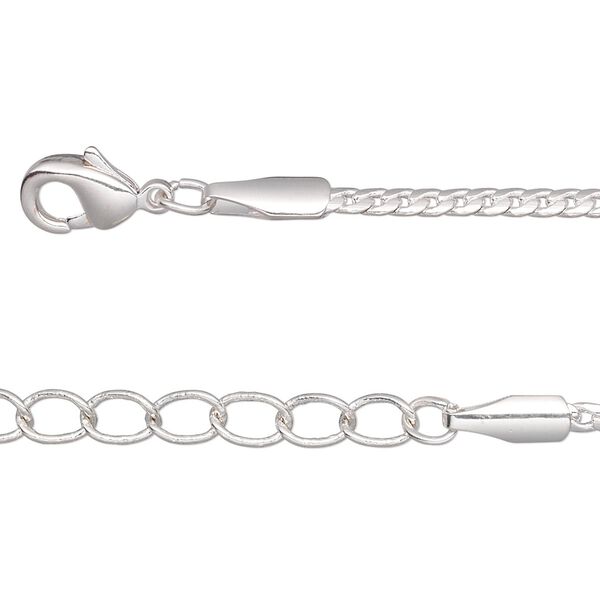Chain, silver-plated brass, 2mm curb, 16 inches with 1-1/4 inch extender chain and lobster claw clasp. Sold per pkg of 2. image number 0