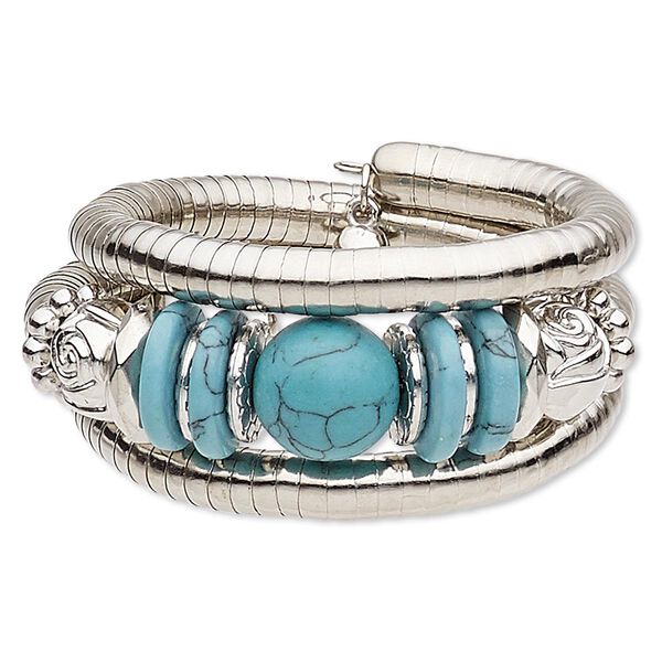 Bracelet, magnesite (dyed / stabilized) / steel memory wire / silver-coated plastic / silver-plated steel, blue, 35mm wide spiral, 7-inch adjustable. Sold individually. image number 0