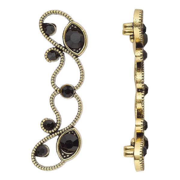Spacer, antiqued gold-finished "pewter" (zinc-based alloy) and Czech glass rhinestone, black, 45x13mm 2-strand with fancy design. Sold per pkg of 4. image number 0