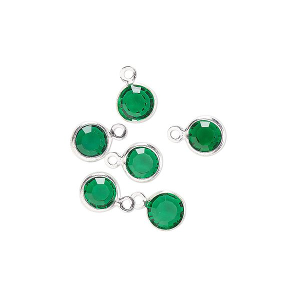 Drop, glass rhinestone and silver-finished brass, emerald green, 6-6.5mm faceted round. Sold per pkg of 6. image number 0