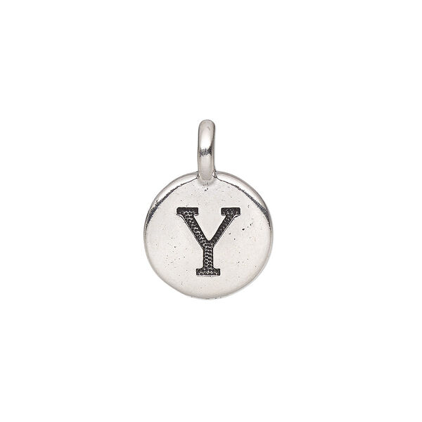Drop, TierraCast®, antique silver-plated pewter (tin-based alloy), 11.5mm single-sided round with textured alphabet letter "Y." Sold per pkg of 2. image number 0