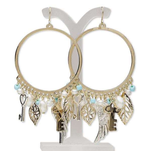 Earring, acrylic pearl / glass / gold- / silver-finished brass / steel / "pewter" (zinc-based alloy), white and blue, 3-3/4 inches with round hoop and fishhook ear wire. Sold per pair. image number 0