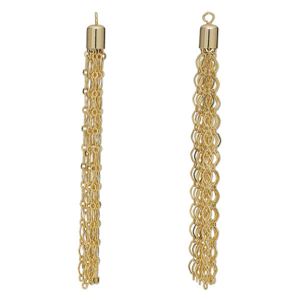 Focal, gold-finished brass, 3 x 1/4 inch long and short chain tassel. Sold per pkg of 2. image number 0