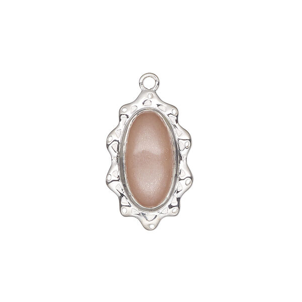 Drop, sterling silver and peach moonstone (natural), pkg/1, 20x12mm single-sided oval, 10 loops. image number 0