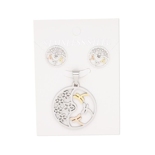 Pendant and earring, stainless steel / copper-plated / gold-finished stainless steel, 32mm round pendant with cutout flower and dragonfly, 15mm round with cutout flower and dragonfly with post. Sold per set. image number 0