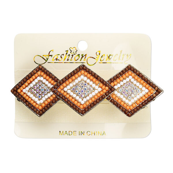 Barrette, acrylic / glass rhinestone / gold-finished steel / "pewter" (zinc-based alloy), multicolored, 3-1/2 x 1 inches with 36x29mm diamond. Sold individually. image number 0