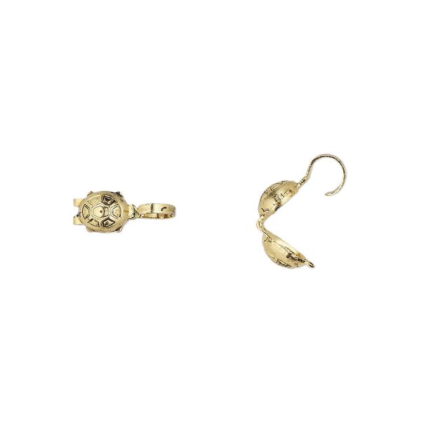 Bead tip, Hot Tips®, antique gold-plated brass, 9x5mm bottom clamp-on turtle with open loop. Sold per pkg of 100. image number 0